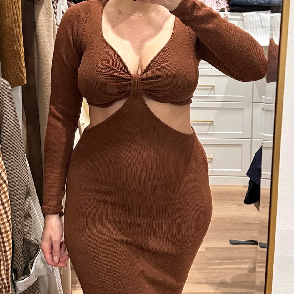 Warm but sexy dark brown midi dress with side cutouts